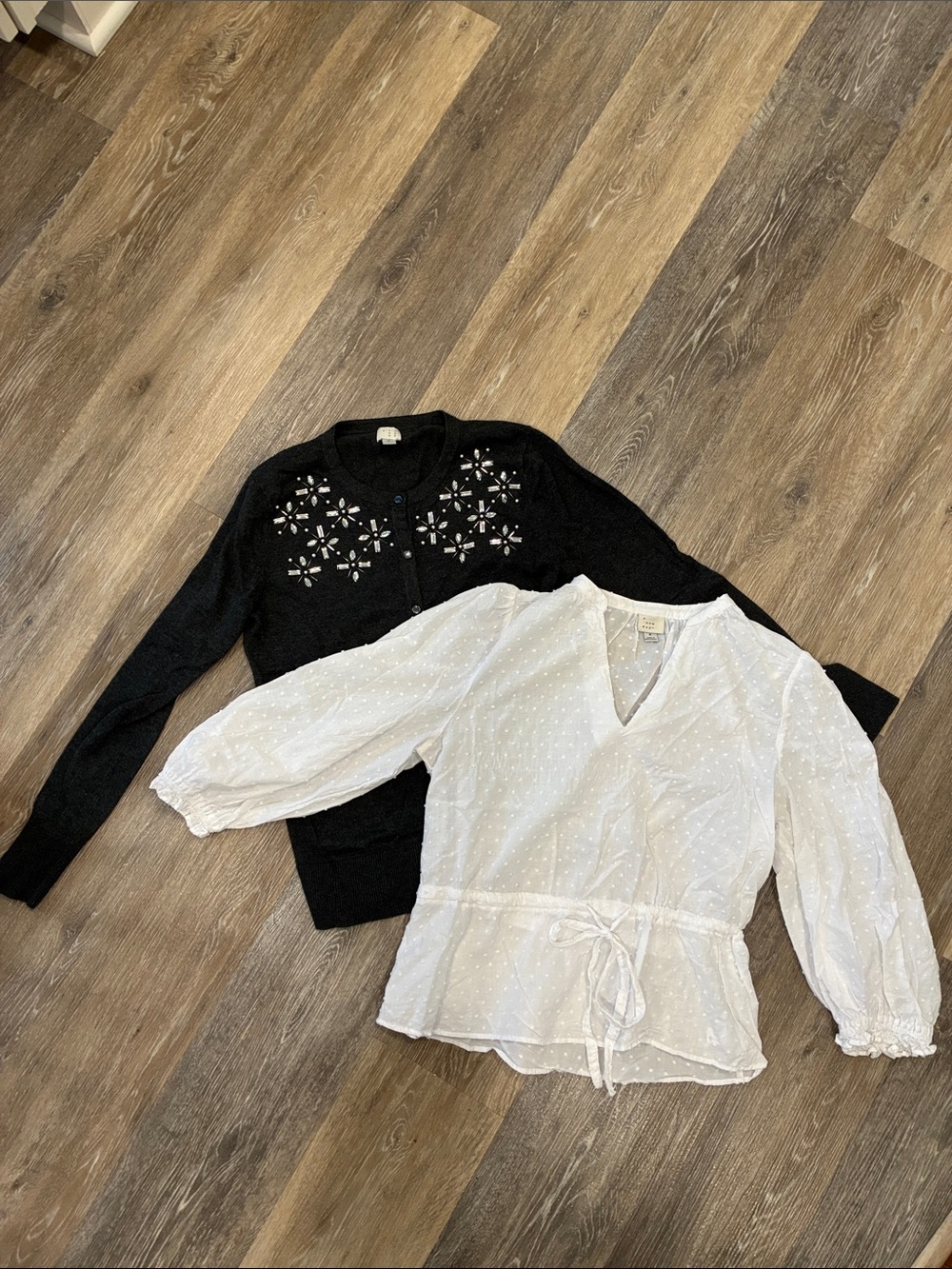 a new day Black Embellished Cardigan & White Swiss Dot Blouse Duo